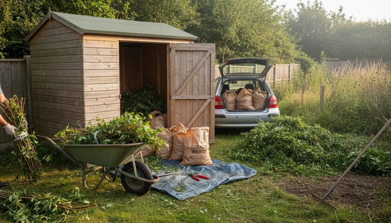 Haveskur halvt fyldt med grene og affald, trillebør med klippede grene og en baghave med ukrudt og bunker klar til afhentning.