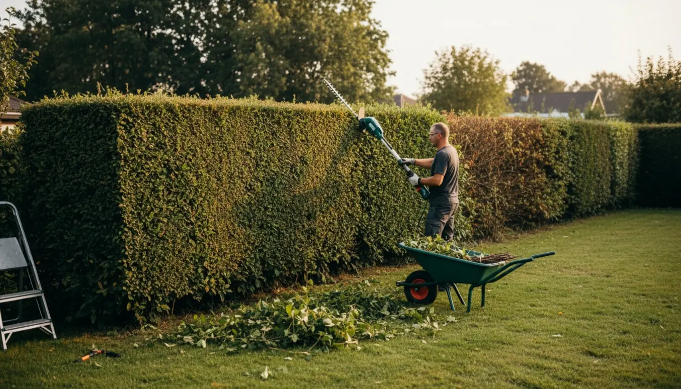 Lang hæk (ca. 30 m, 2–2,2 m høj) trimmes med en teleskophækkeklipper, friske afklip ligger i bunke.