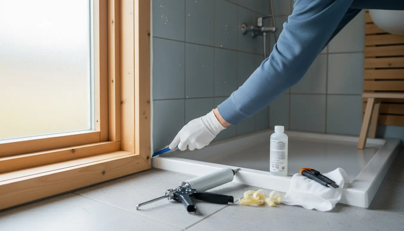 Gloved hænder glatter ny silikonefuge mellem brusebakke og fliser i et lyst sommerhusbadeværelse.