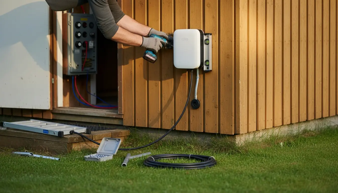 Montering af elladestander på gavlen af et ældre sommerhus med værktøj og kabelrør klar.