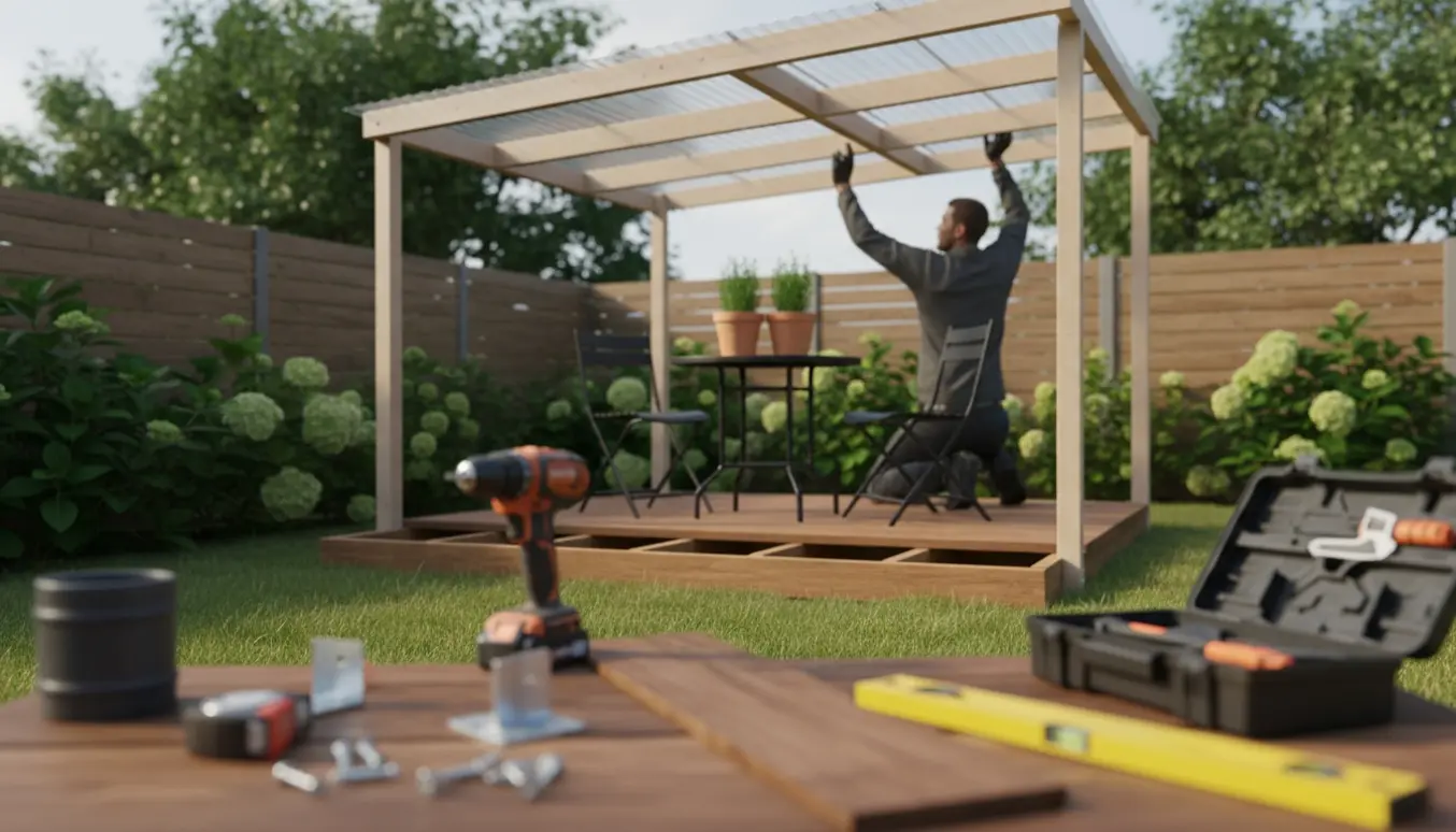 Lille overdækket terrasse under opsætning, håndværker fastgør tagramme over træterrasse.