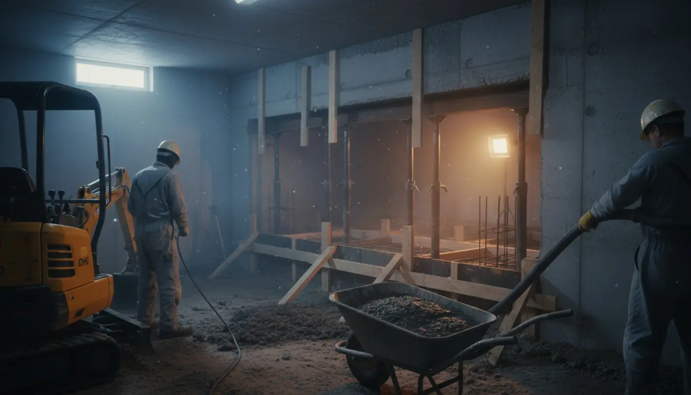 Indvendig kælder under udgravning og understøbning med maskiner, nylagt beton og bunker af jord.