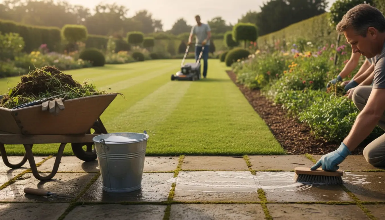 Handsker og redskaber ved rengøring af fliser foran nyslået plæne og renskårne bede.