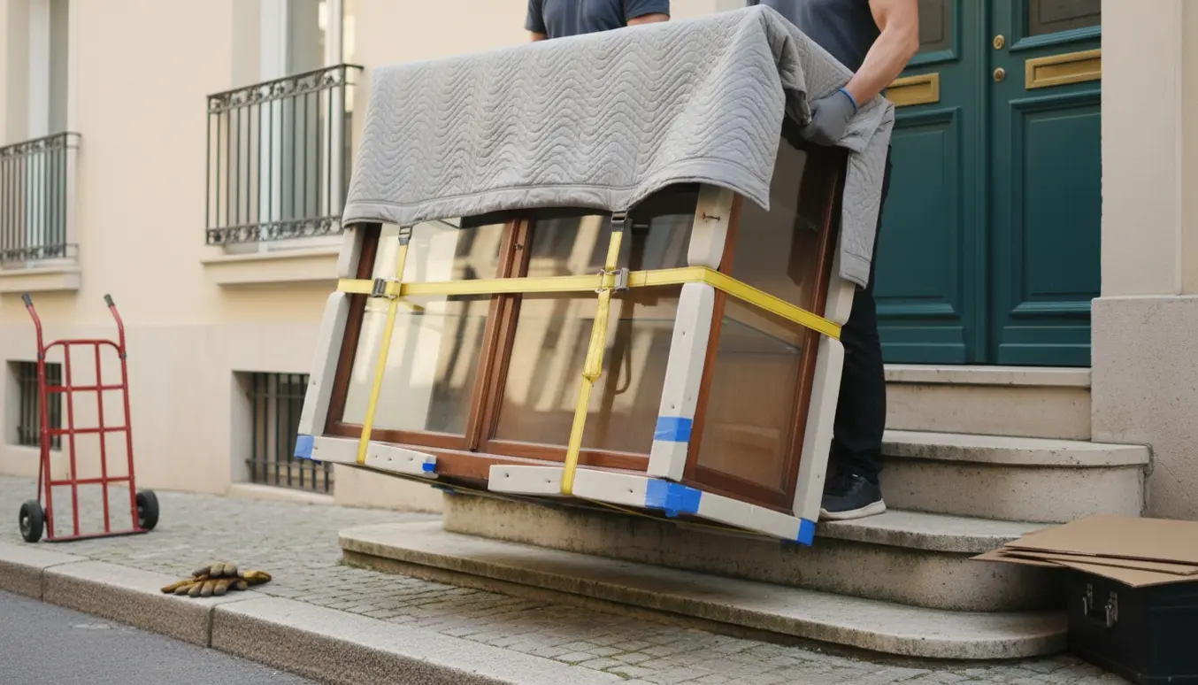 To personer løfter et indpakket vitrineskab op ad udendørs trappe mod 1. sal.