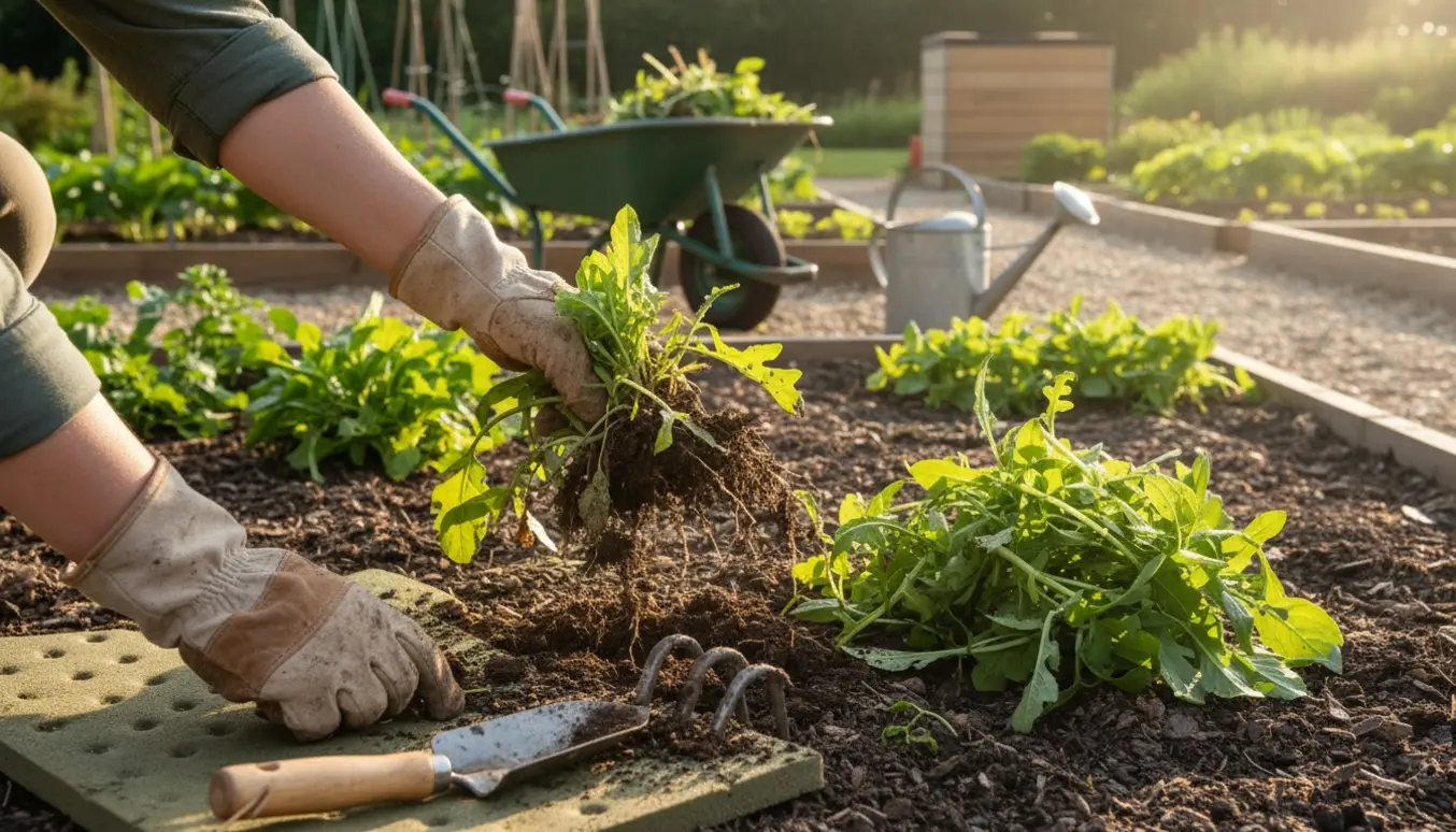 Nærbillede af hænder i handsker, der luger ukrudt i et havebed med trillebør og haveredskaber i baggrunden.