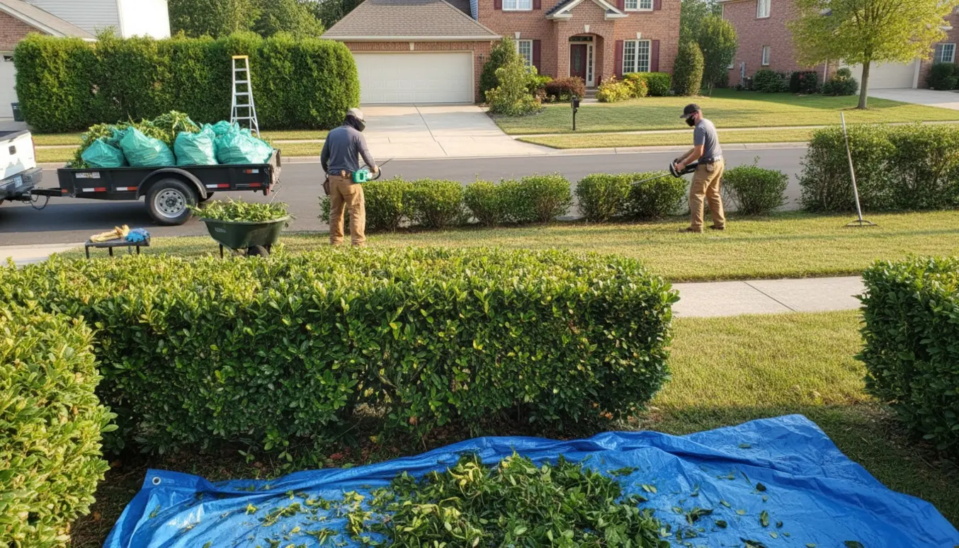 Folk klipper hække i en forstad, læsser afklip i trailer og viser forskellige sektioner med nyklippede sider og sænket højde.