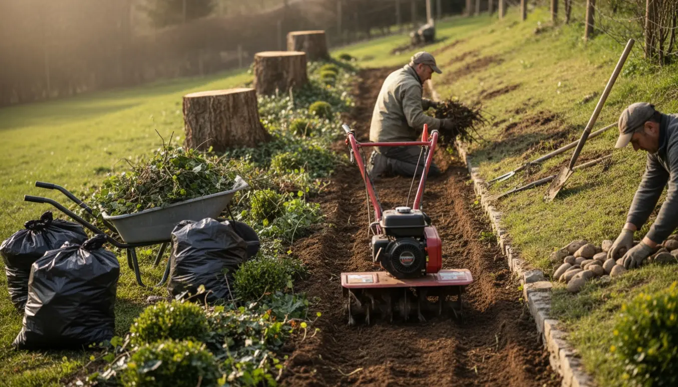 Havearbejde hvor efeu og buske ryddes, jord fræses og stensætning reetableres.