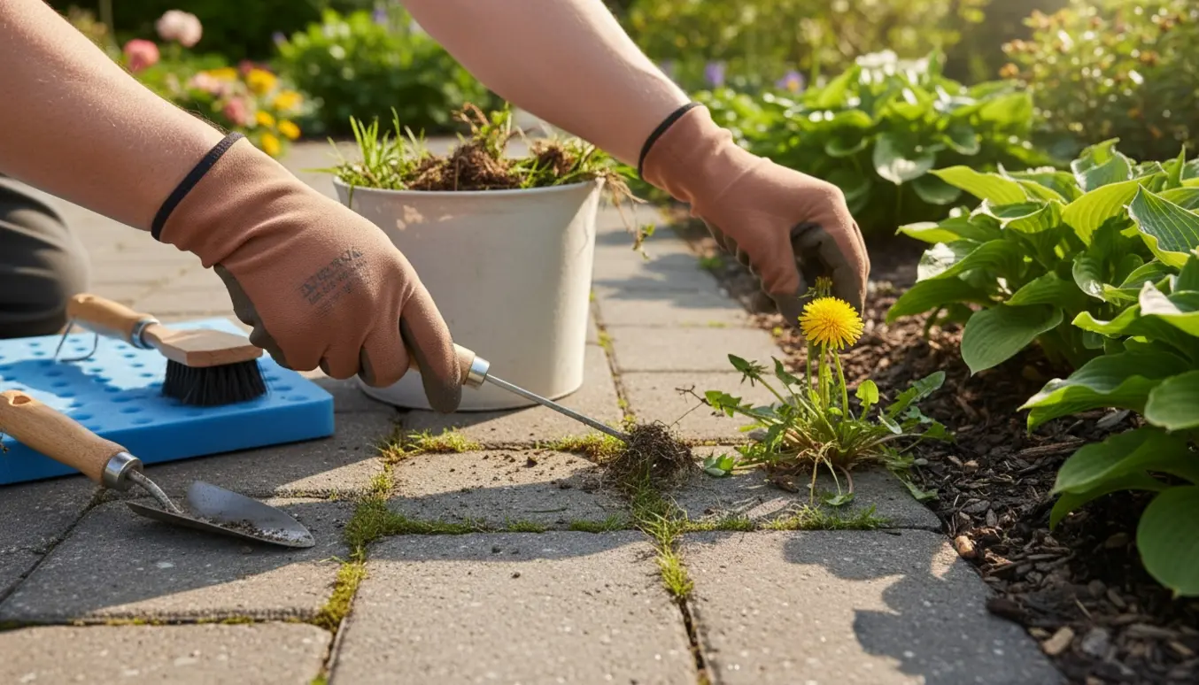 Handskerede hænder fjerner ukrudt mellem fliser og trækker ukrudt op i et blomsterbed.