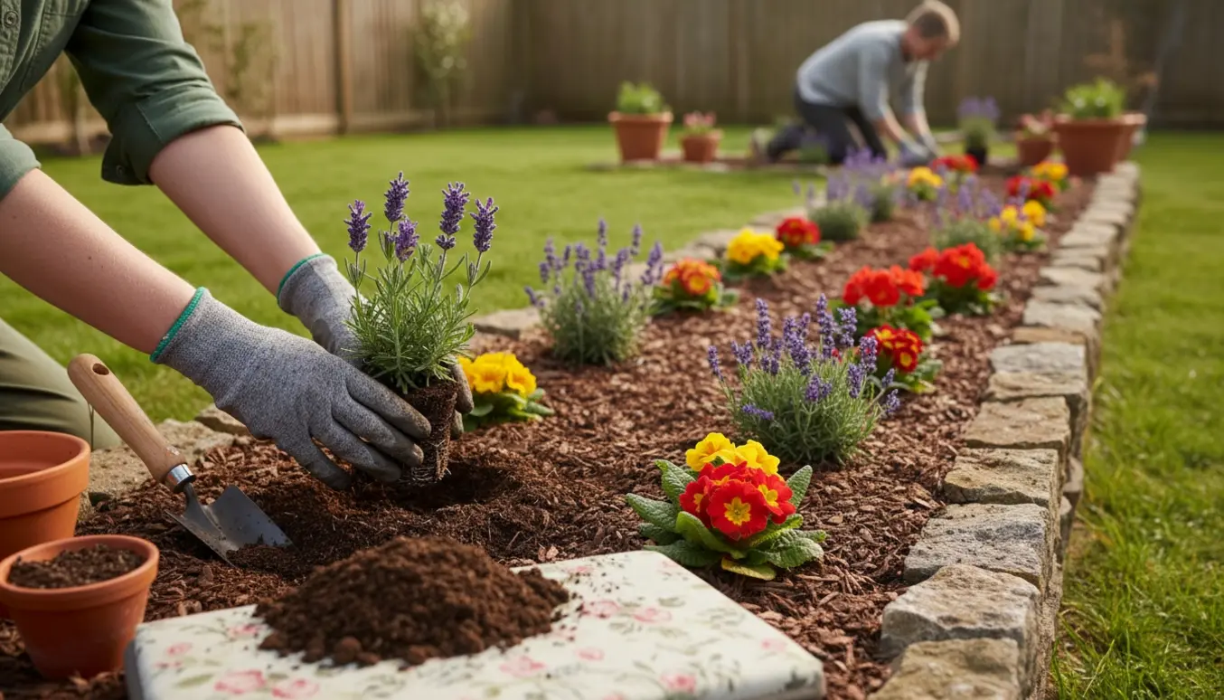 Hænder i handsker planter og ordner et lille bed med jord, potter og redskaber i blødt morgenlys.