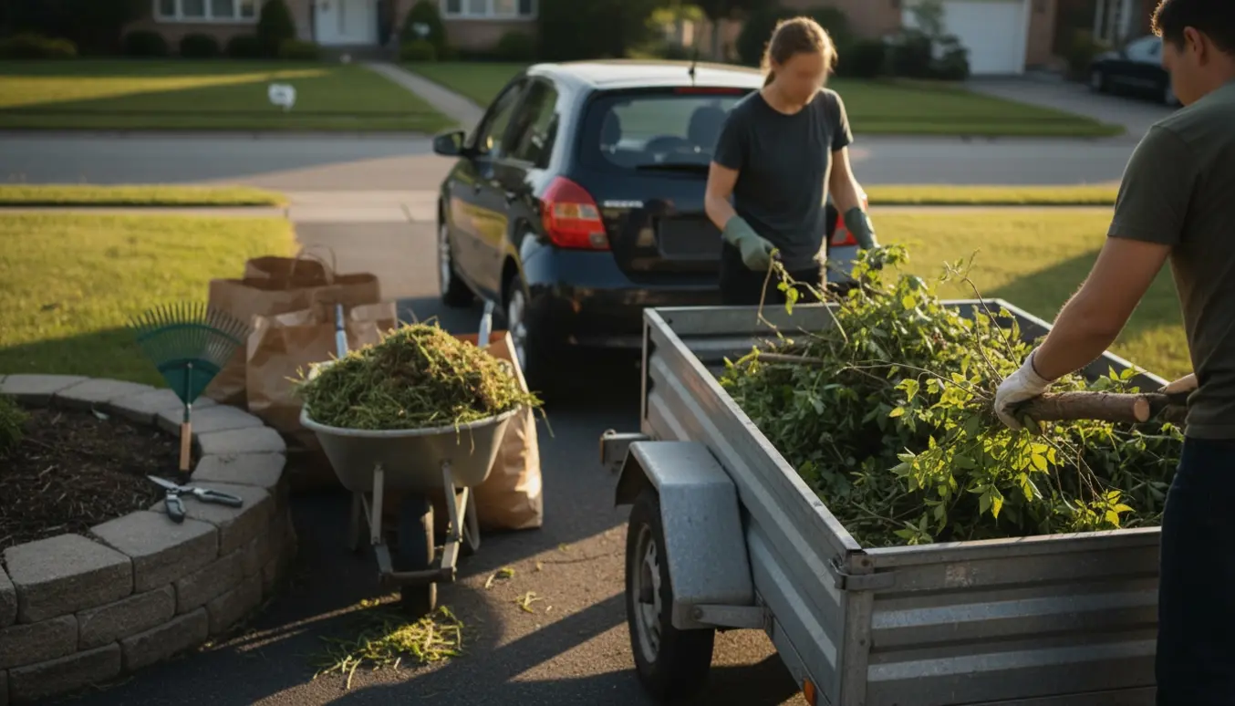 To personer læsser haveaffald i en trailer ved en parkeret bil.