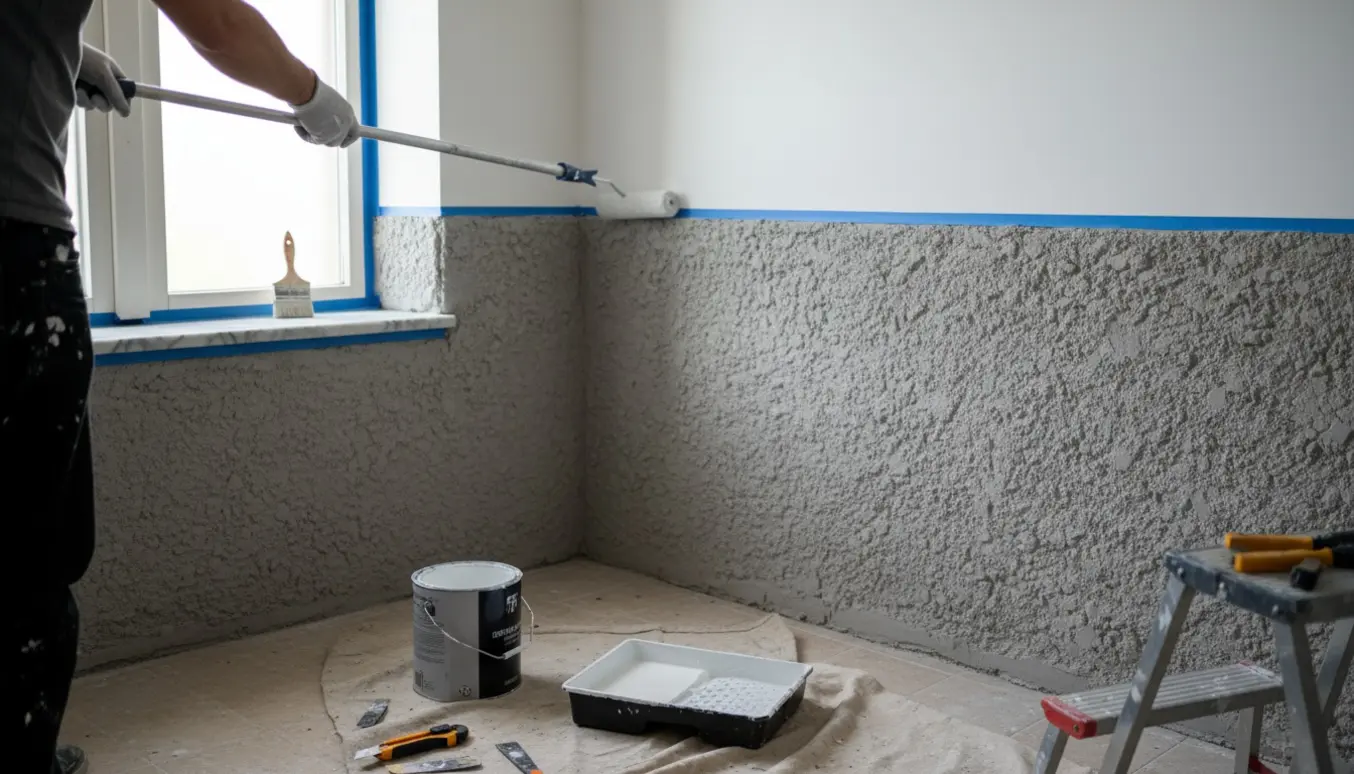 Hænder maler den øverste væg og vindueskarm hvide over grå microcement i et lyst badeværelse.