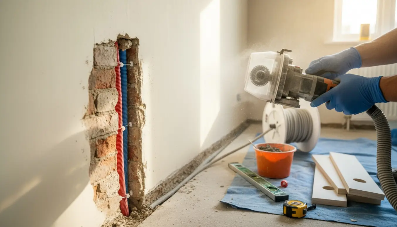 Indfræsede røde og blå pexrør i en væg under installation i et lyst rum med værktøj på gulvet.