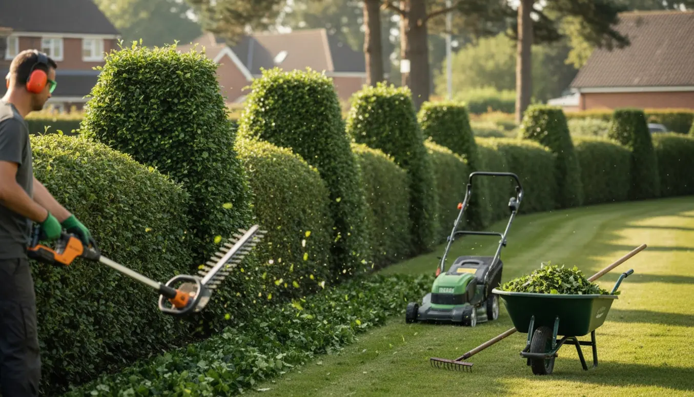 En haveejer klipper en lang efeuhæk med en hækkeklipper, mens en plæneklipper laver rene striber på græsset.