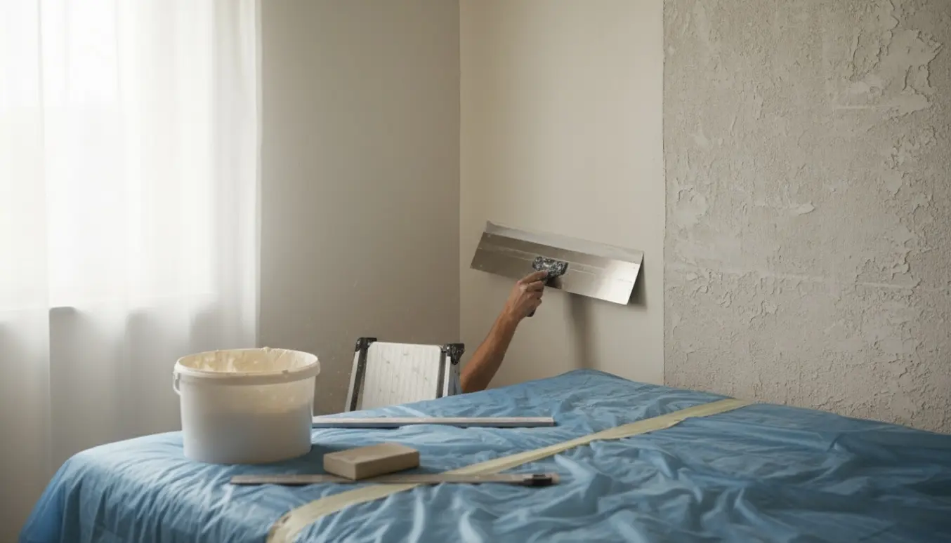 Hænder udglatter spartelmasse over filt på to vægge i et soveværelse med afdækket gulv og værktøj i forgrunden.