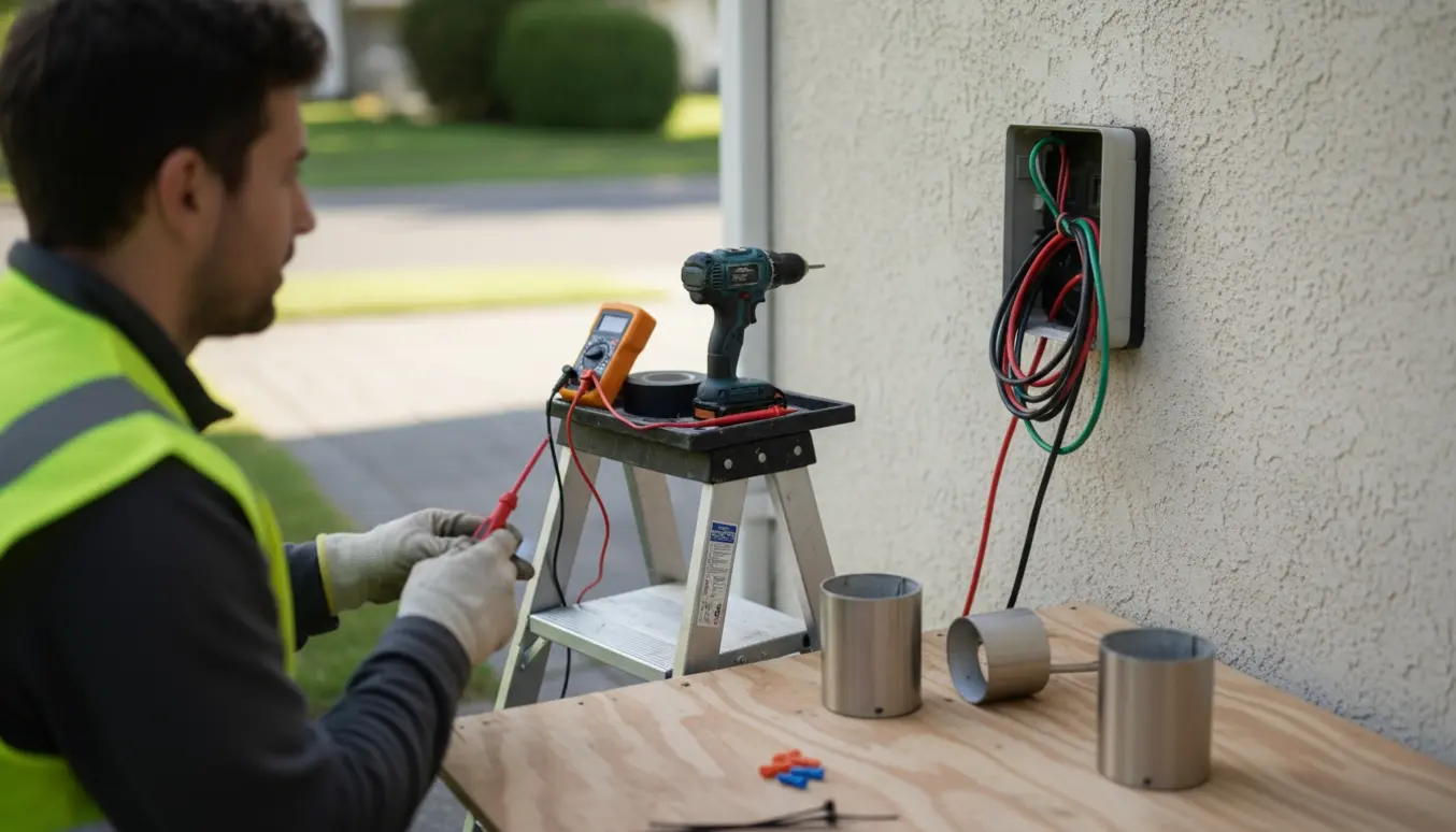 En elektriker fjerner en udendørs ladestation og to væglamper fra husets facade.
