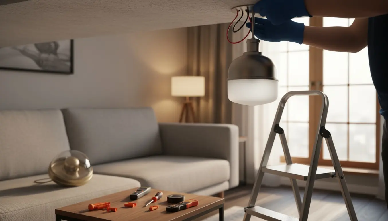 En person på en stige monterer en ny loftlampe i en stue med værktøj og den gamle lampe ved siden af.