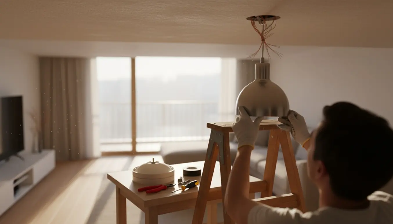 Person på stige udskifter en loftlampe i en lys, moderne stue; kun hænderne er synlige.