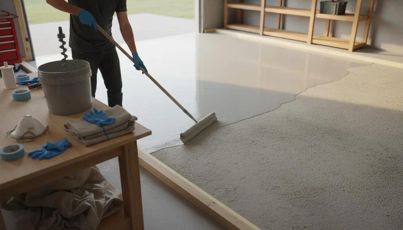Håndværker påfører blank epoxy på nyt råt betongulv i et velordnet værksted.