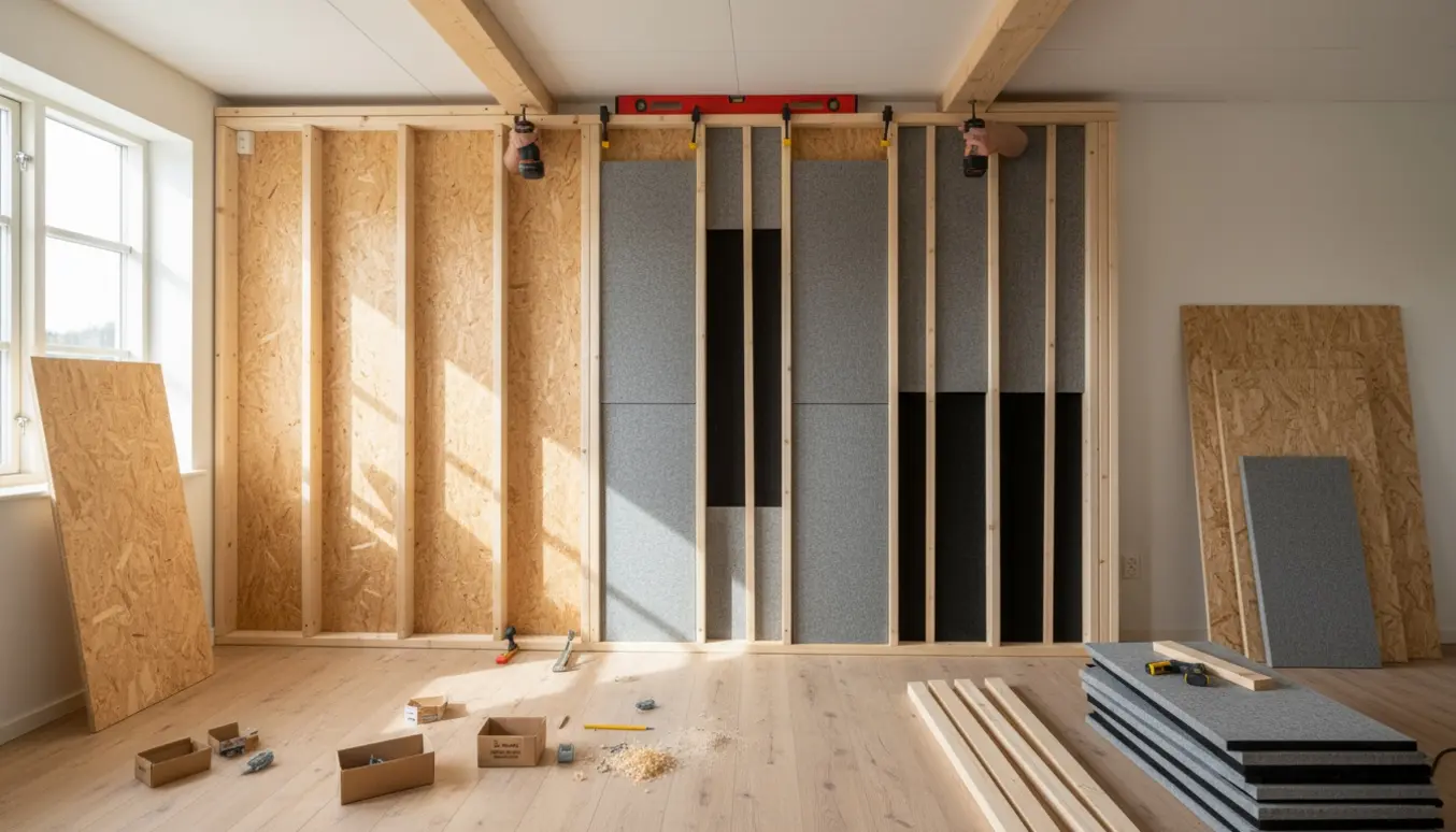 Skillevæg i træ under opbygning med OSB-plader og sorte akustikpaneler på plankegulv og gipsloft.