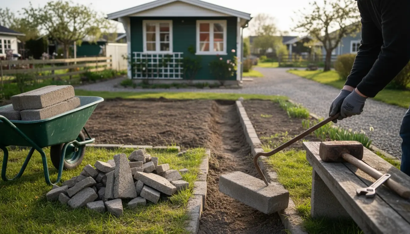 Fjernelse af betonfliser og kantsten i en kolonihave med værktøj og stakke af fliser.
