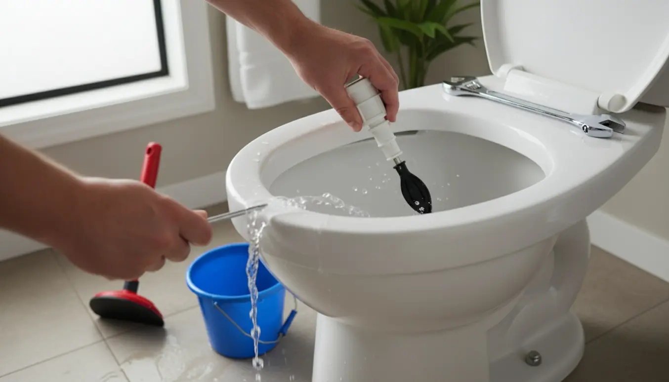 Hænder reparerer et toilet med åben cisterne, rindende vand og lavt vandniveau.