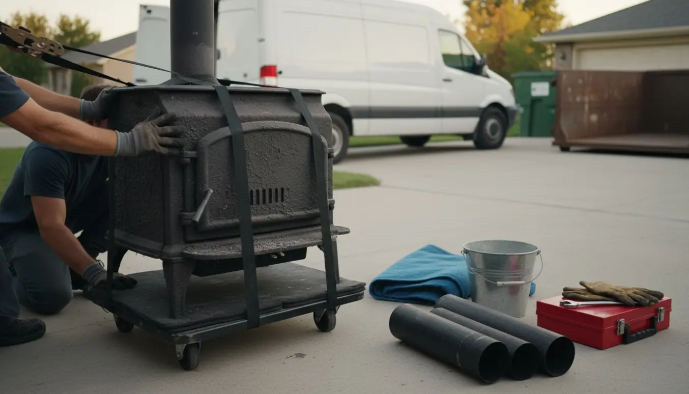 Afmonteret støbejernsbrændeovn på en dolly i indkørslen klar til bortskaffelse.