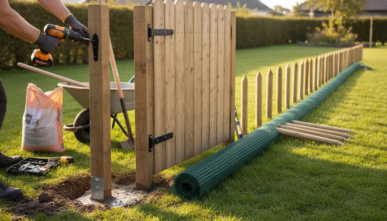 Delvist opsat trælåge mellem stolper med værktøj og rulle grønt havehegn i en solrig baghave.