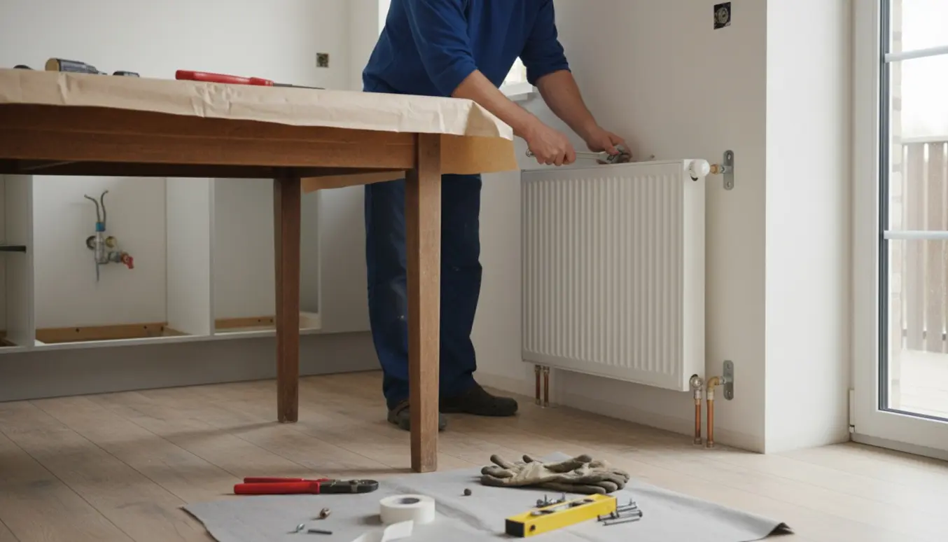 Hænder monterer en ny hvid radiator bag et træbord i et køkken under renovering.