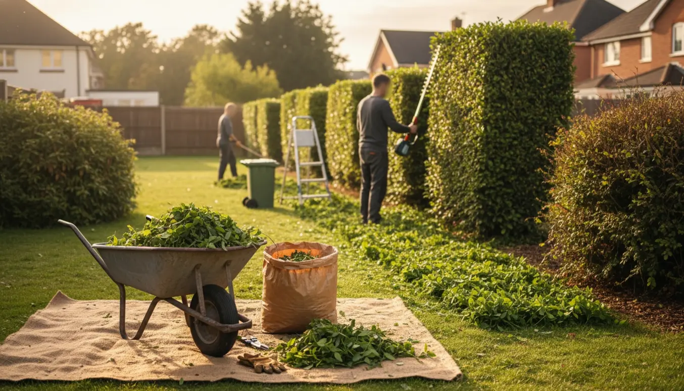 Professionel hækklipning i en solbelyst have med trillebør og sække fyldt med afklip.