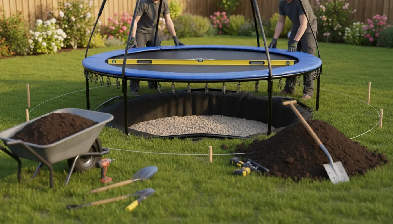 Delvist nedsænket rund trampolin i haven med opgravet jord og værktøj klar til genbrug.