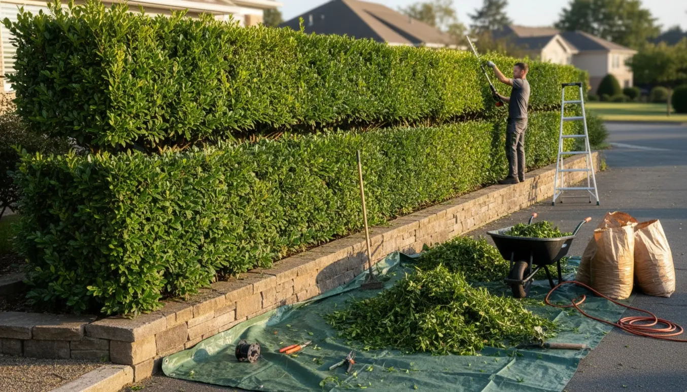 Lang ligusterhæk klippes langs en stensætning, med opsamlede afklip på presenning og i trillebør.