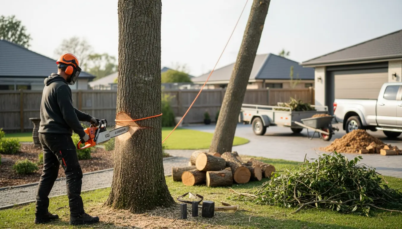 Kontrolleret fældning af et højt løvtræ i en have med stammer samlet og trailer klar til bortkørsel.