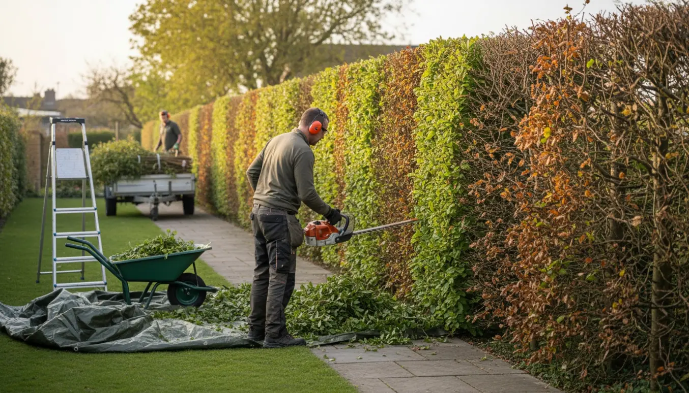 En havearbejder trimmer en lang bøgehæk og samler afklip til bortkørsel.