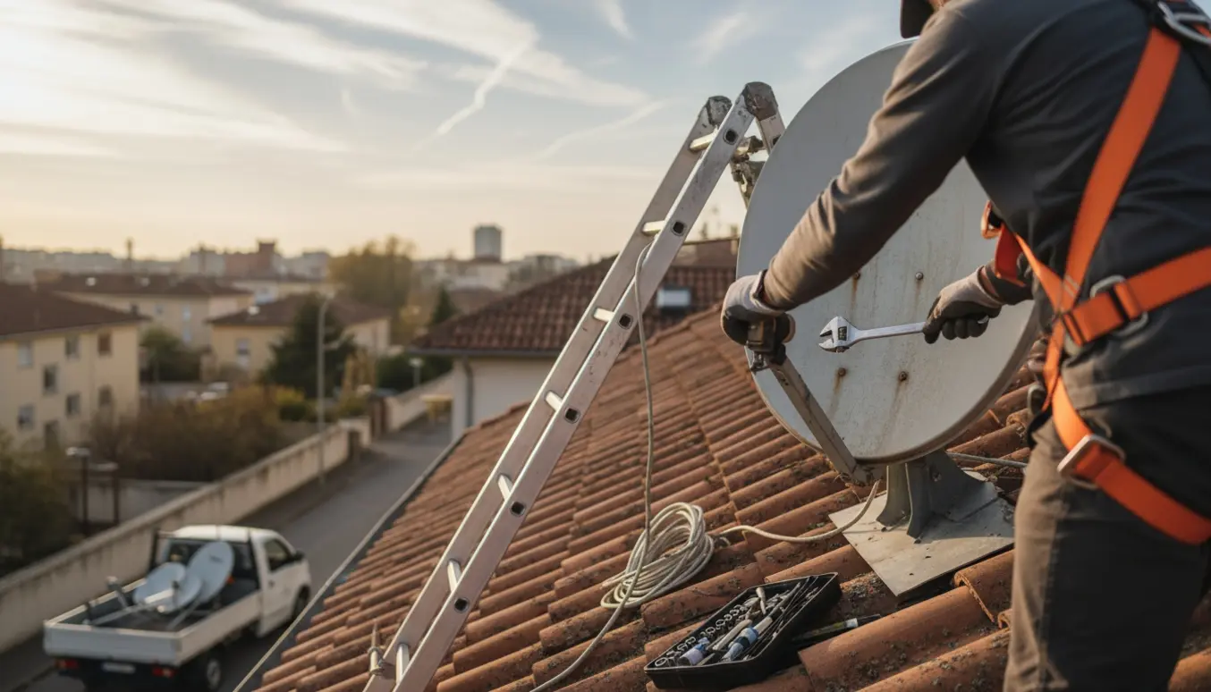 En arbejder fjerner en parabol fra taget af en lejlighedsbygning og læsser dele ind i en varevogn.