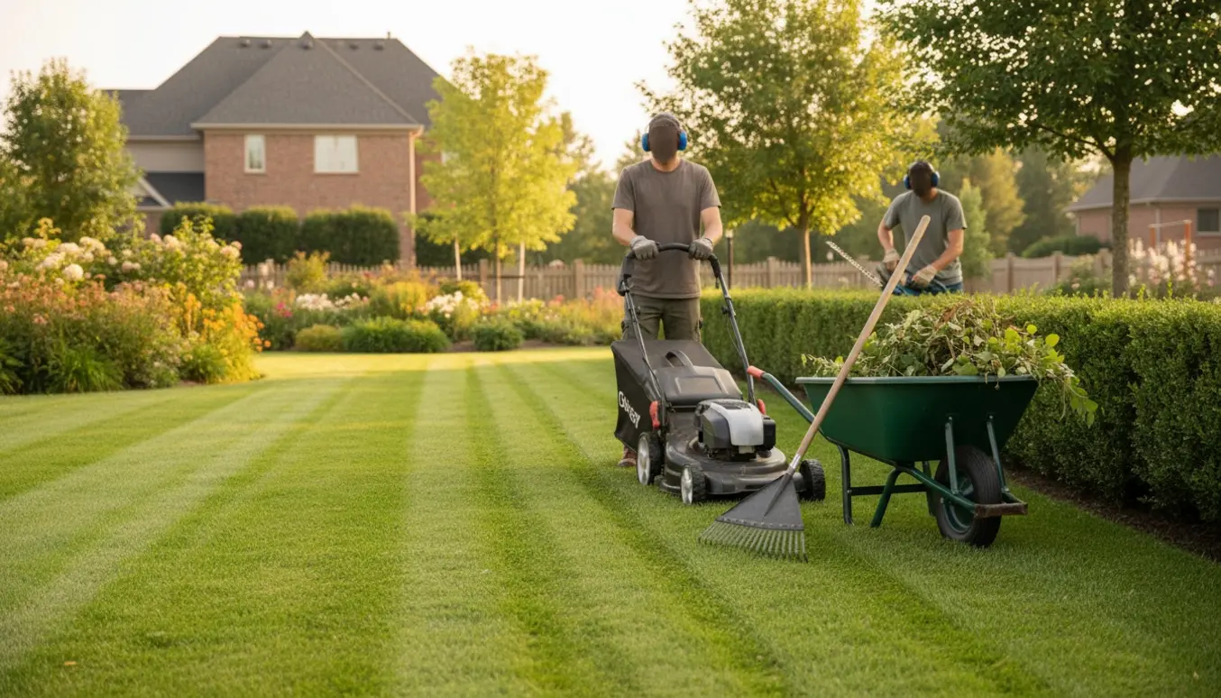 Person klipper græs og trimmer hække på en stor, velplejet havegrund med plæneklipper og trillebør.