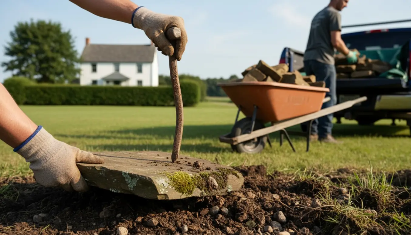 Nærbillede af arbejdshænder, der fjerner en marksten og læsser sten i en pickup.