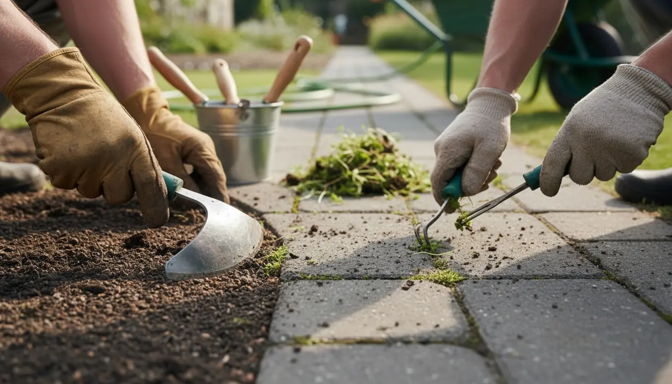 Hænder former kant og luge mellem fliser på en lang gangsti med værktøj og en lille bunke ukrudt ved siden af.