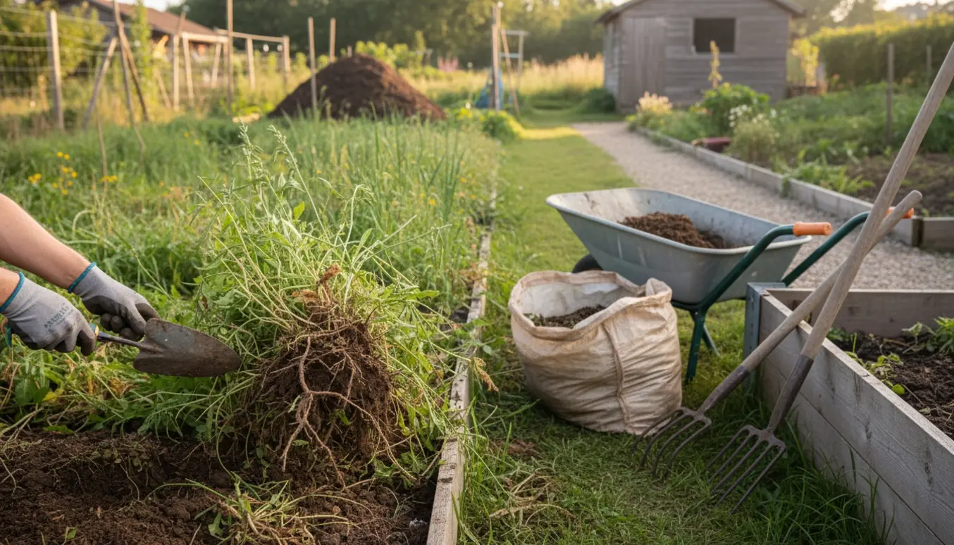 Nogen luger højt ukrudt i en lille overgroet have med handsker, rive og trillebør i blødt morgenlys.