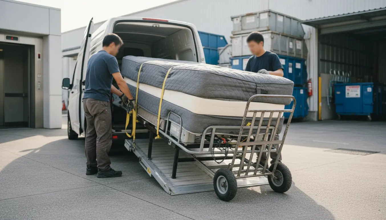En elevationsseng og topmadras læsses på en varebil foran en genbrugsplads, med elevatoråbningen synlig i baggrunden.