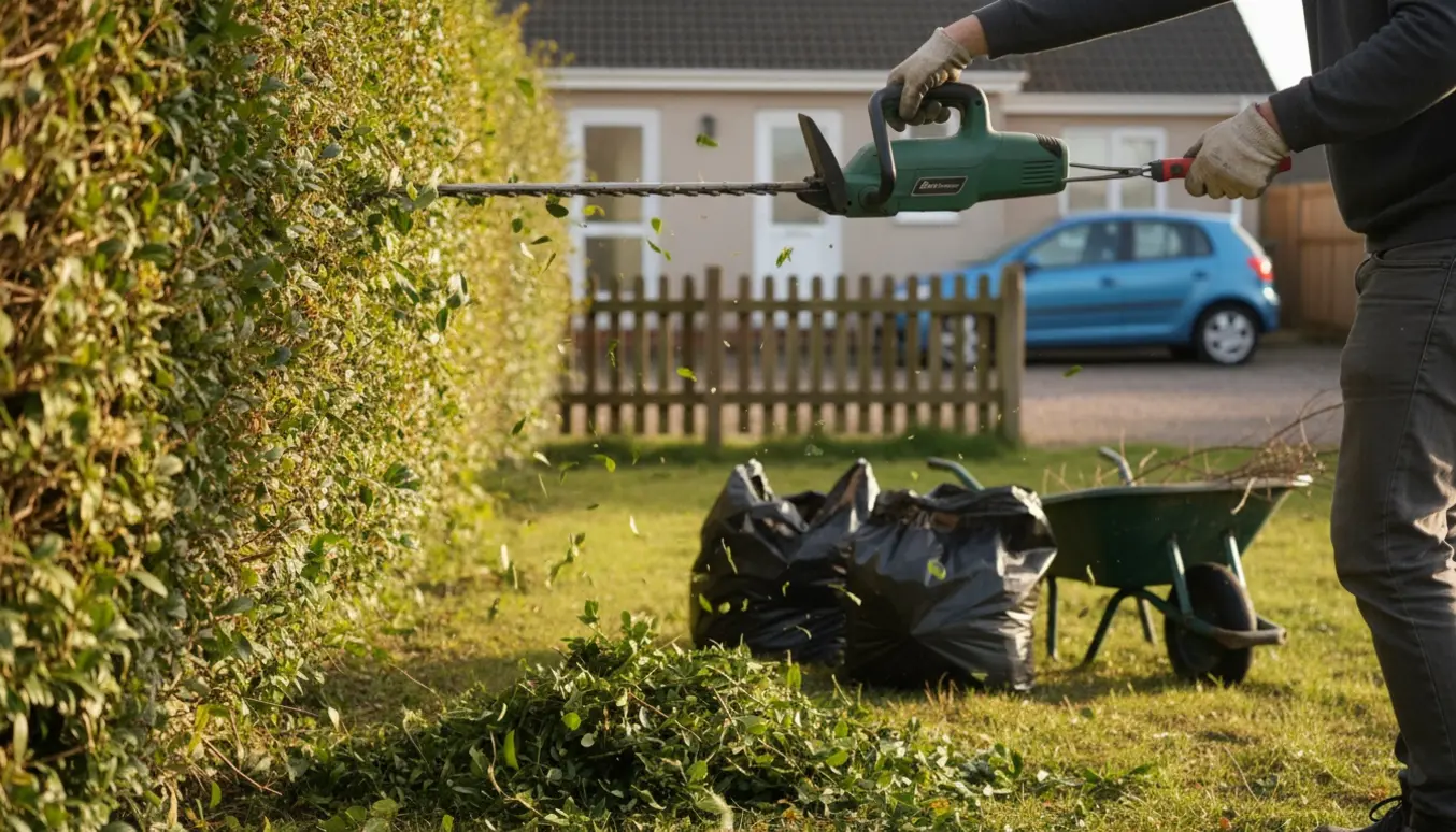 En person klipper en overgroet hæk og fylder sorte sække med afklip foran et beskedent udlejningshus.