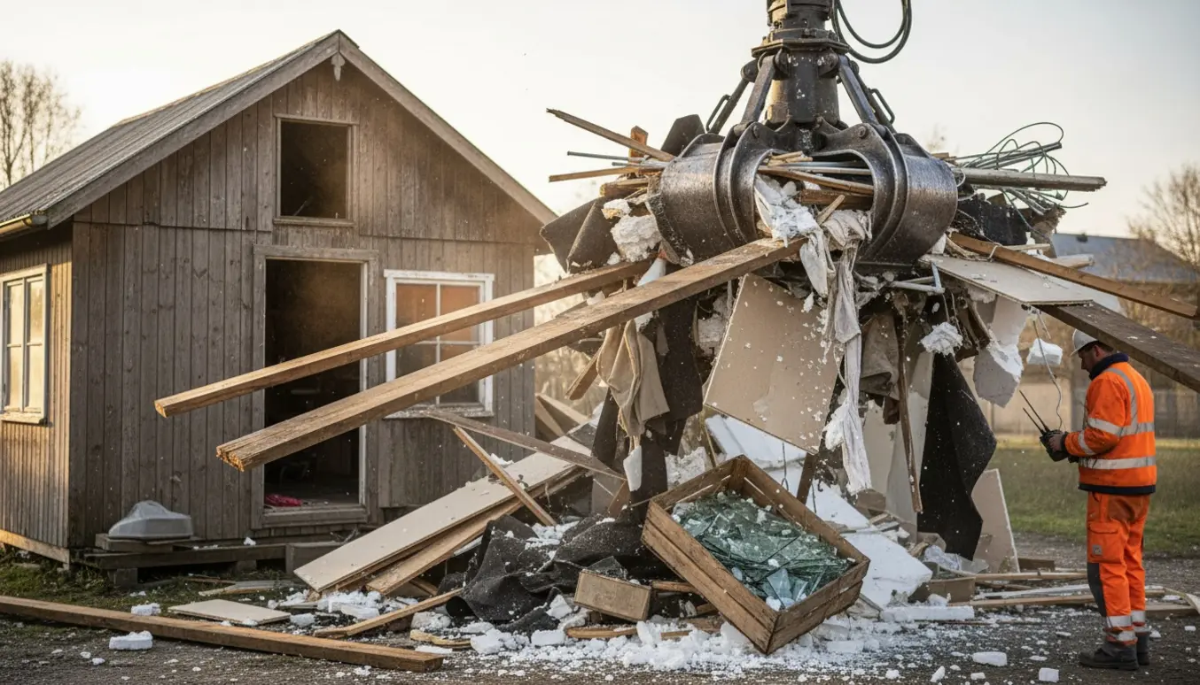 Hydraulisk grab læsser blandet byggeaffald med lange træstykker fra en hytte klar til nedrivning.