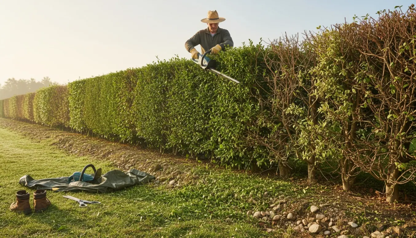 En person klipper en lang ligusterhæk på en ujævn skråning med afklip på jorden.