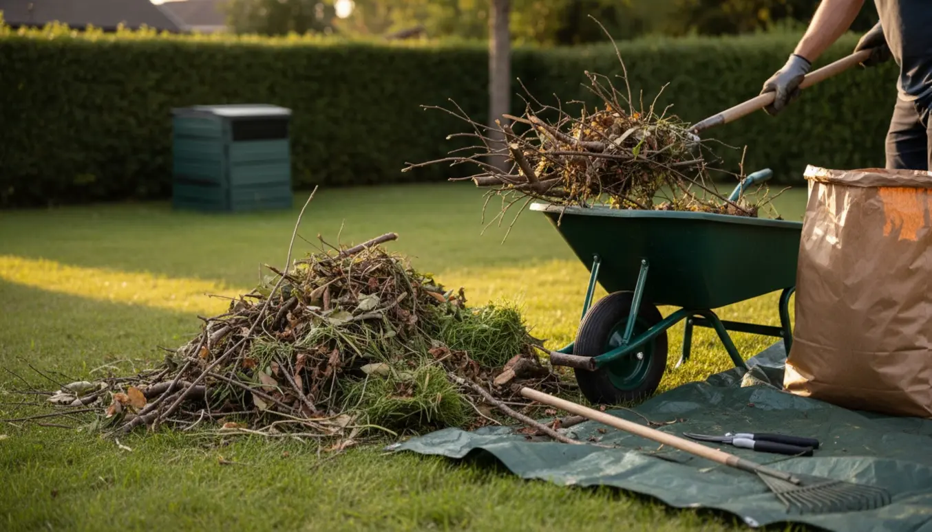 Trillebør, rive og handsker ved en mindre bunke haveaffald i en forstadshave.