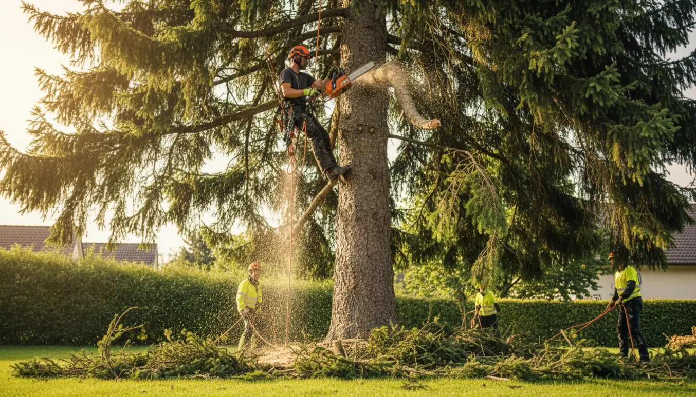 Arborist i sele beskærer en høj gran cirka 20 meter oppe med kædesav, grene og savsmuld falder ned.