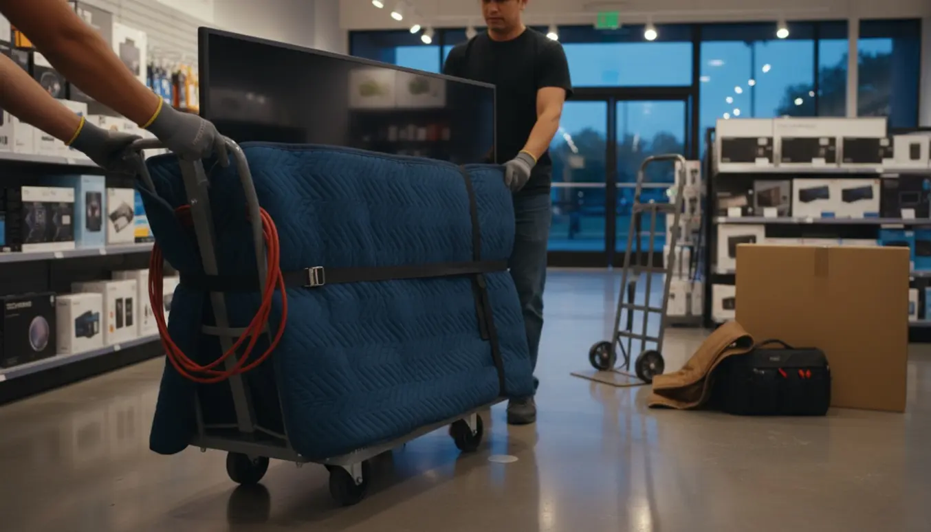 To personer flytter et stort fladskærms-TV på en tralle i en butik om aftenen.