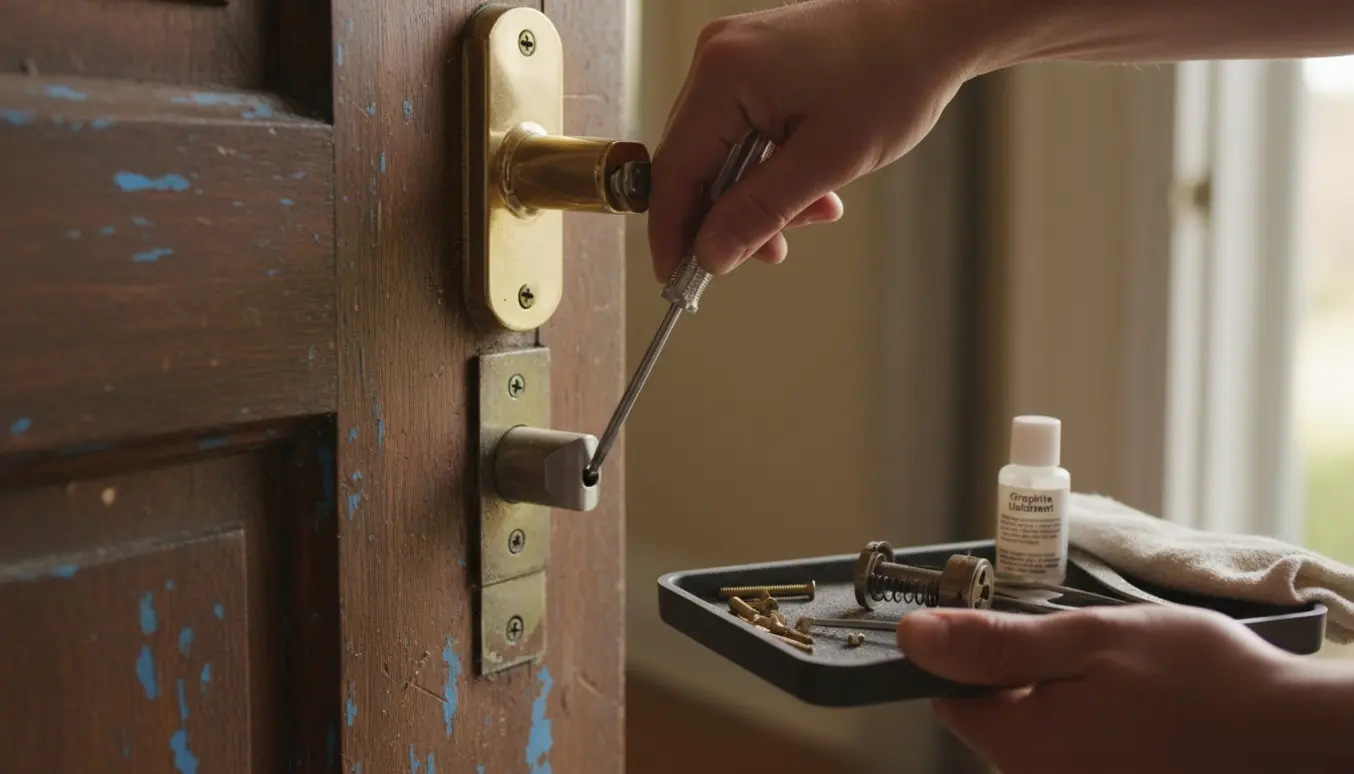 Nærbillede af hænder, der reparerer en hoveddørlås med skruetrækker og reservedele på en trædør.