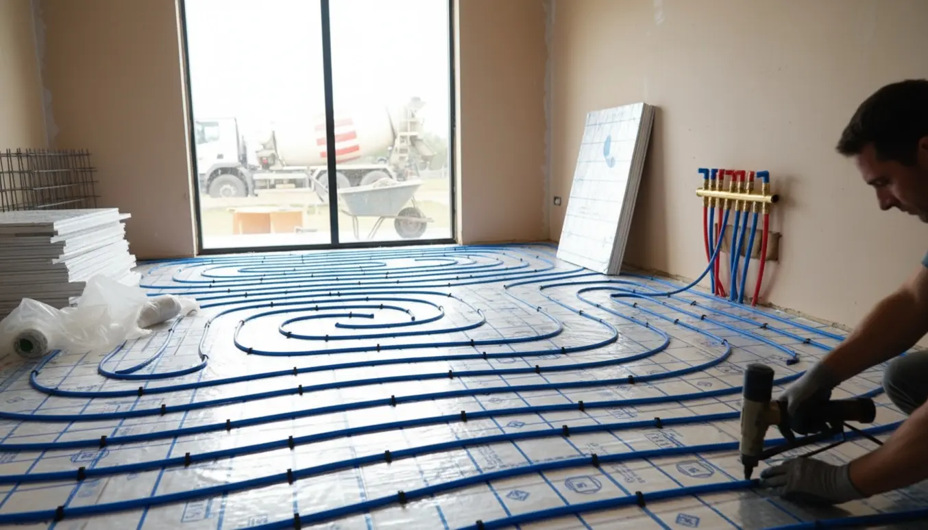 Vandbaseret gulvvarmerør lagt i tilbygning klar til støbning, håndværkerens hænder i billedet.