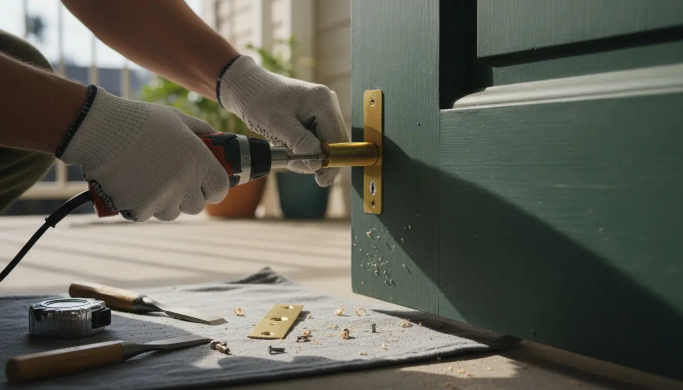 Nærbillede af hænder, der monterer en låsecylinder i en yderdør med værktøj og skruer ved siden af.