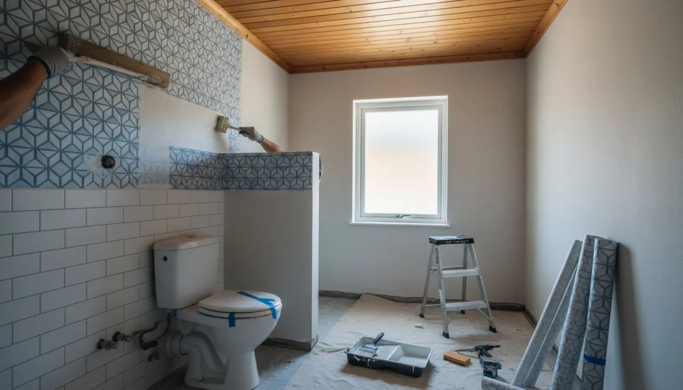 Lille badeværelse under renovering med tapetsering og maling omkring toilettet og værktøj på afdækket gulv.