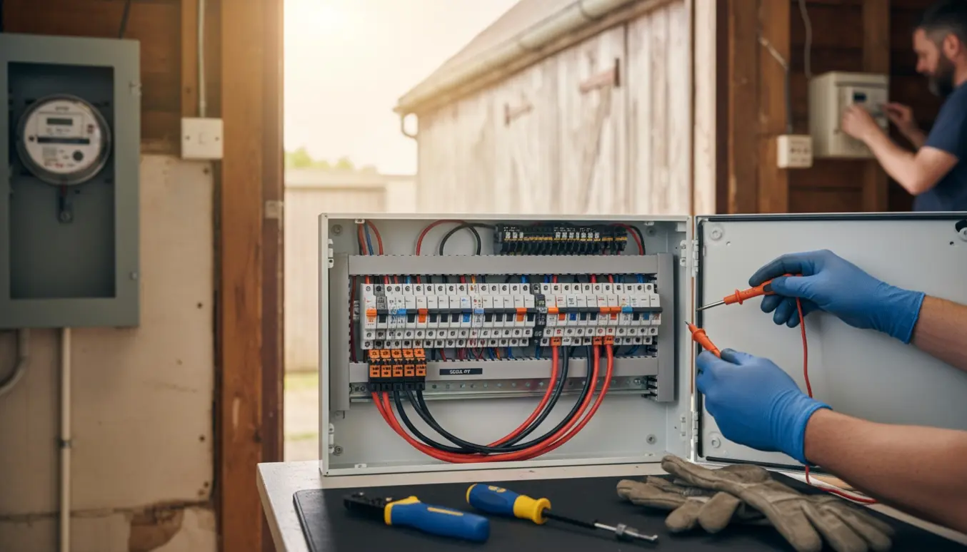 Elektriker arbejder på en moderne eltavle med garagetavle og lade i baggrunden.